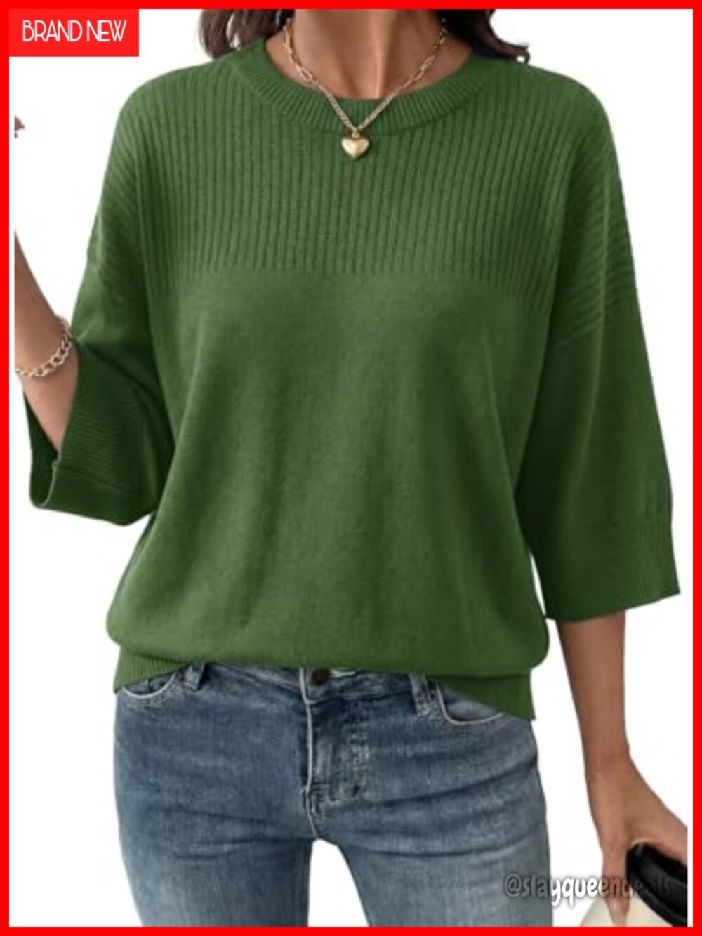 Womens 3/4 Sleeve Cropped Knit Pullover Sweater Lightweight Crew Neck